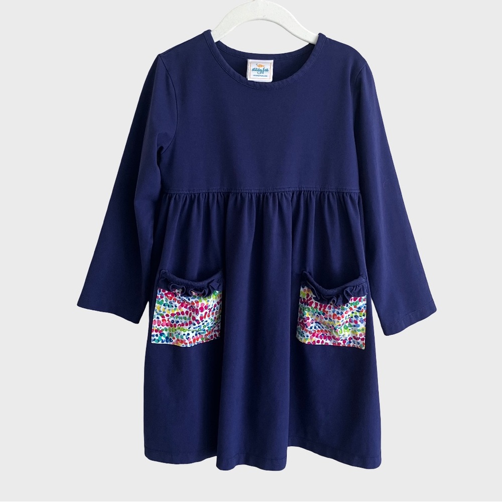Stitchy Fish Boutique Girls Josie Popover Dress Navy Blue Ruffle Dot Pockets 6